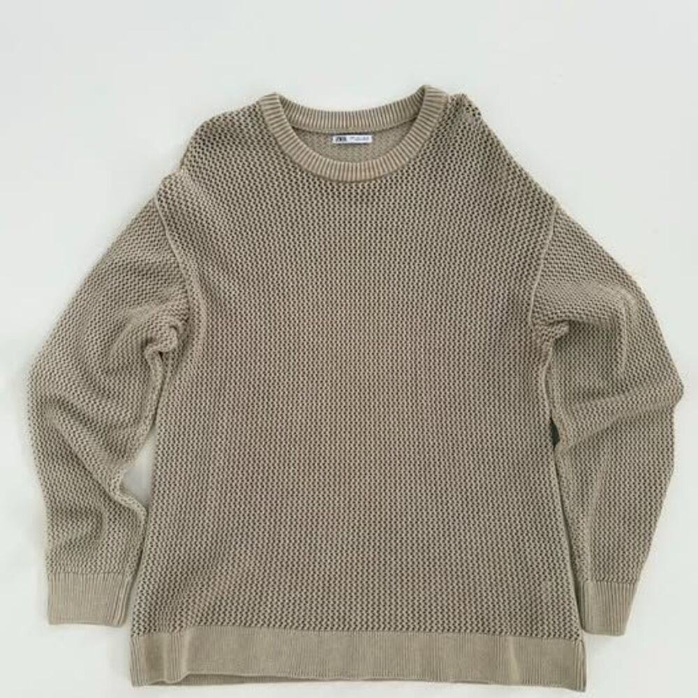 Zara‎ Man Open Knit Mesh Sweater Beige Tan Crochet Textured Crewneck Large